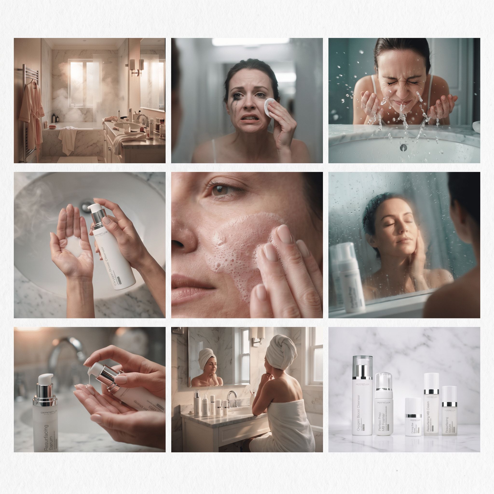 Collage: Frau reinigt ihr Gesicht, wäscht es und trägt Hautpflegeprodukte auf.