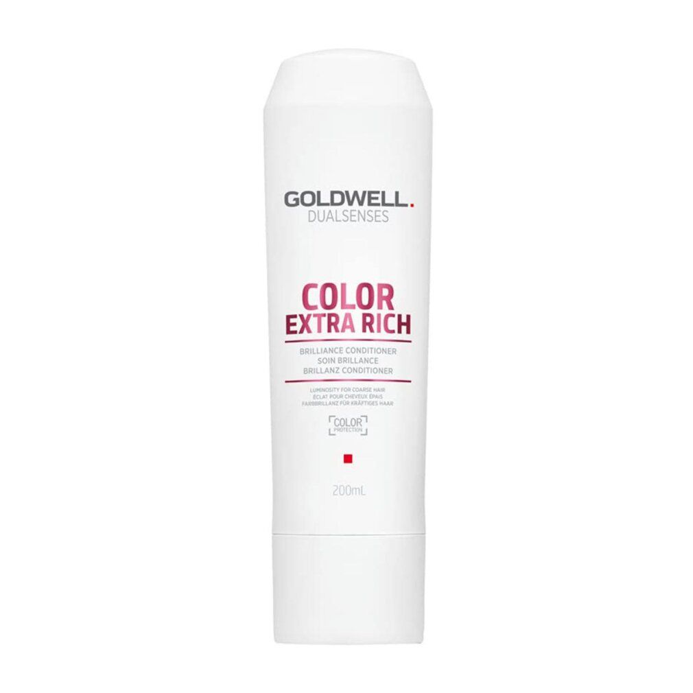 Weiße Tube mit Goldwell Dualsenses Color Extra Rich Brilliance Conditioner. Text in Rosa und Schwarz. 200ml.