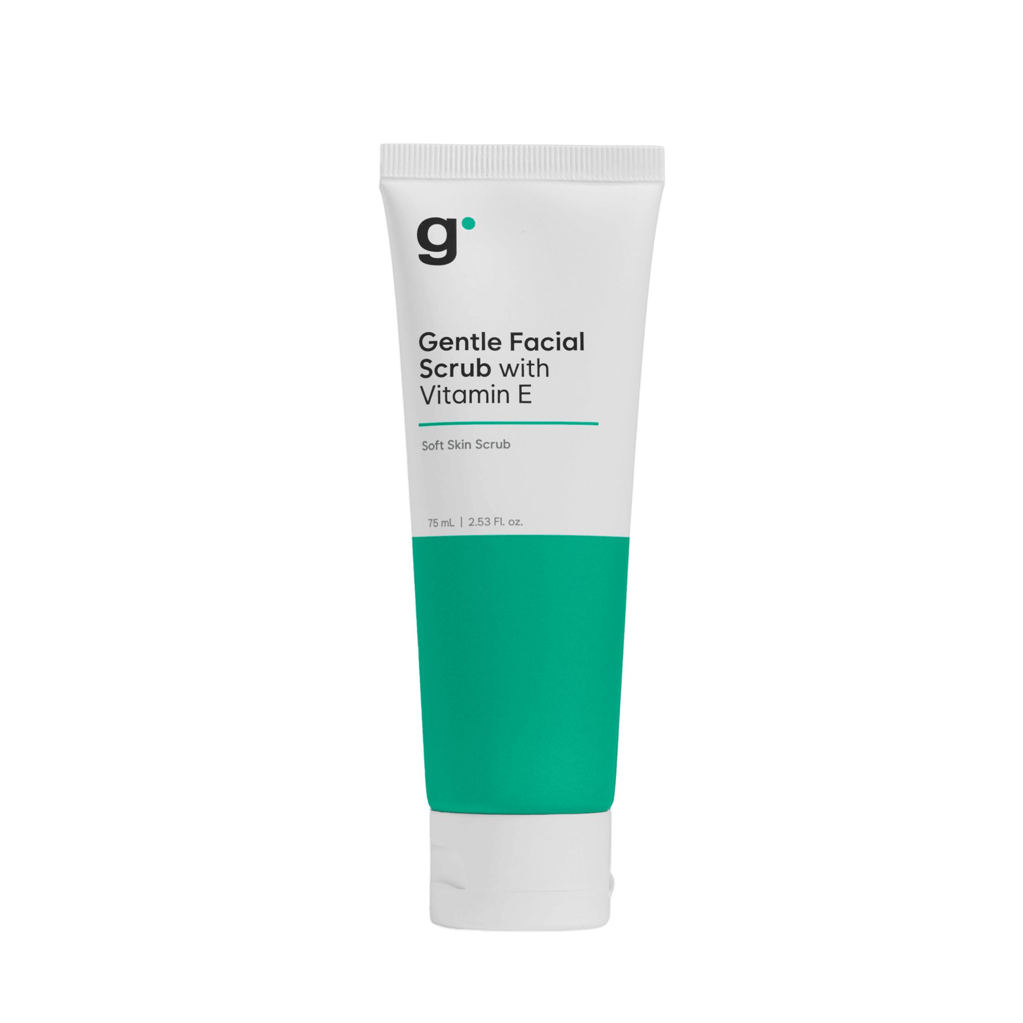 Tube mit weißem Körper und grünem Streifen. Aufschrift: Gentle Facial Scrub with Vitamin E. Marke: g.