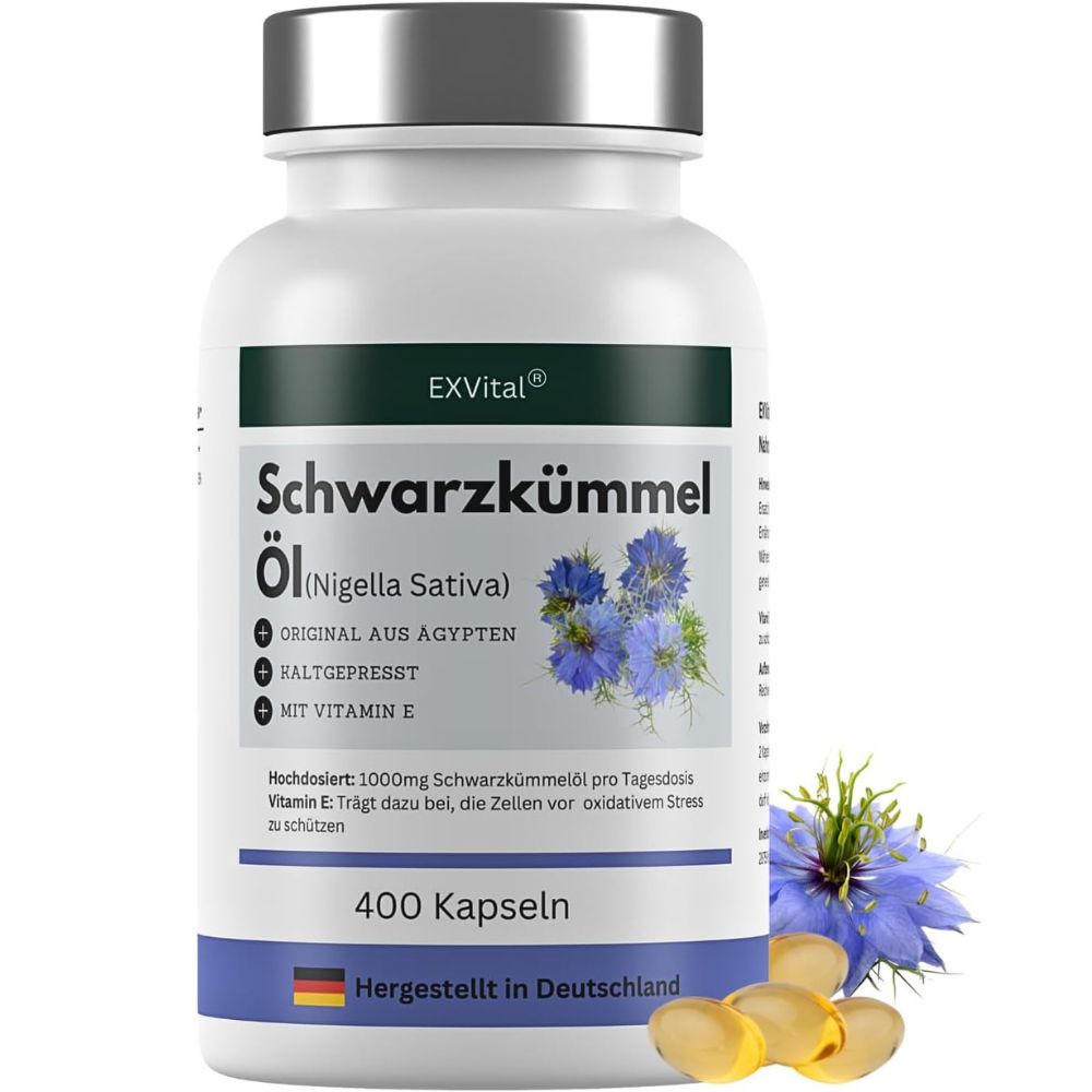 Weiße Flasche mit EXVital Schwarzkümmelöl Kapseln. 400 Kapseln. Original aus Ägypten. Mit Vitamin E. Gelbe Kapseln.