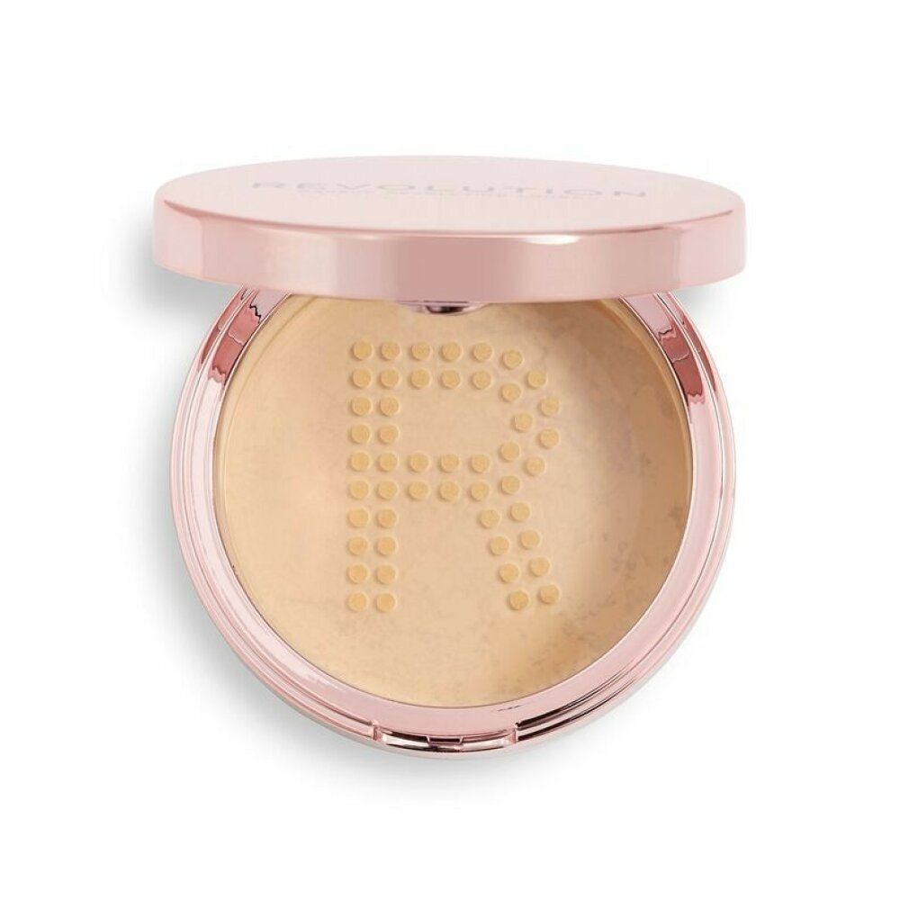 Puder-Kompakt-Make-up mit rosafarbenem Deckel. Gelber Puder mit Prägung eines "R".