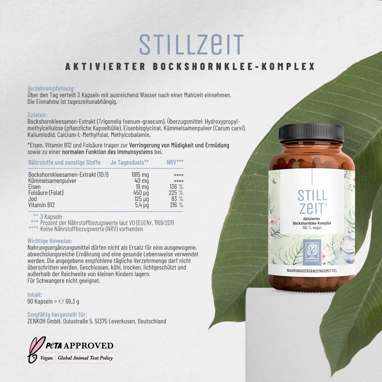 Braune Glasflasche mit schwarzen Deckel. Aufkleber mit Text: STILL ZEIT, Aktivierter Bockshornklee-Komplex, 100% vegan. PETA-Logo.