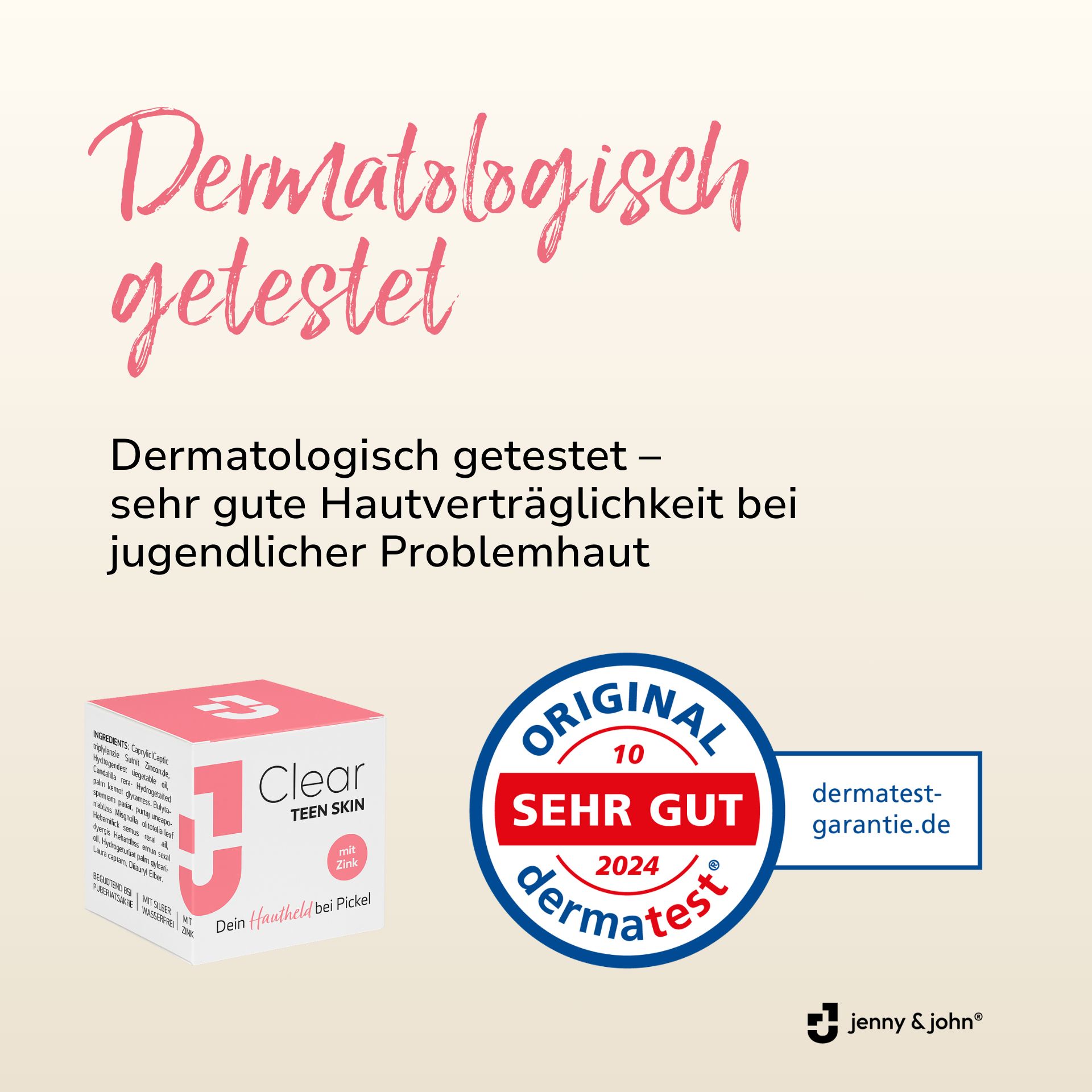 Dermatologisch getestet. Produktverpackung mit Text und Logo. Siegel: Original 10, sehr gut, dermatest 2024.