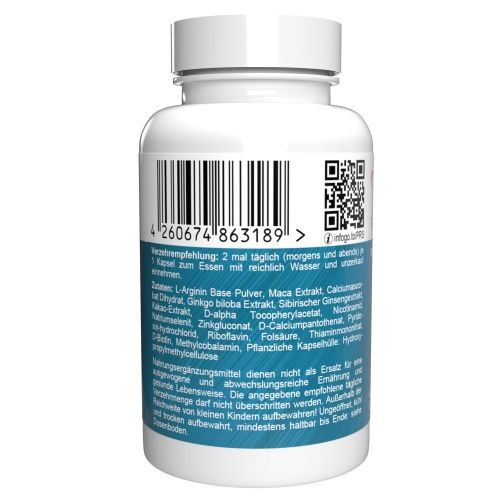 Weiße Kapsel-Dose mit blauem Etikett. Barcode und QR-Code. Text in deutscher Sprache: Zutaten, Verzehrempfehlung.