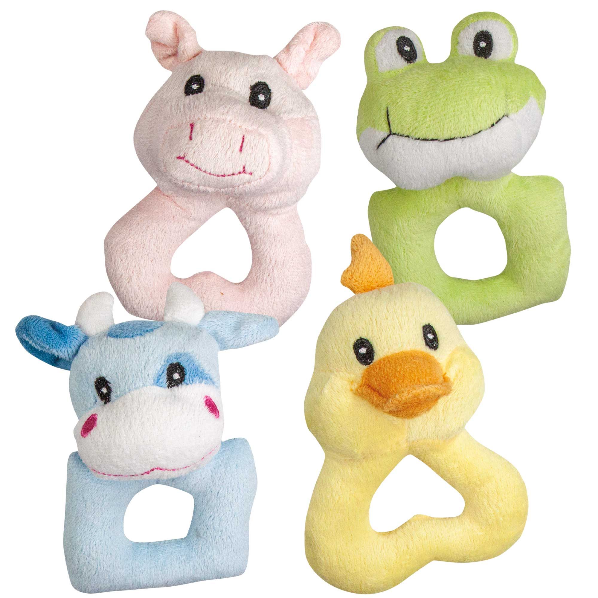 Vier Plüschspielzeuge für Welpen: Schwein, Frosch, Kuh und Ente. Jedes hat eine Ringform.