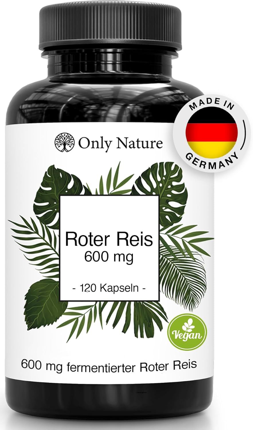 Schwarze Flasche mit weißem Etikett. Aufschrift: Roter Reis 600 mg, 120 Kapseln. Mit Logo und Made in Germany Siegel. Vegan.