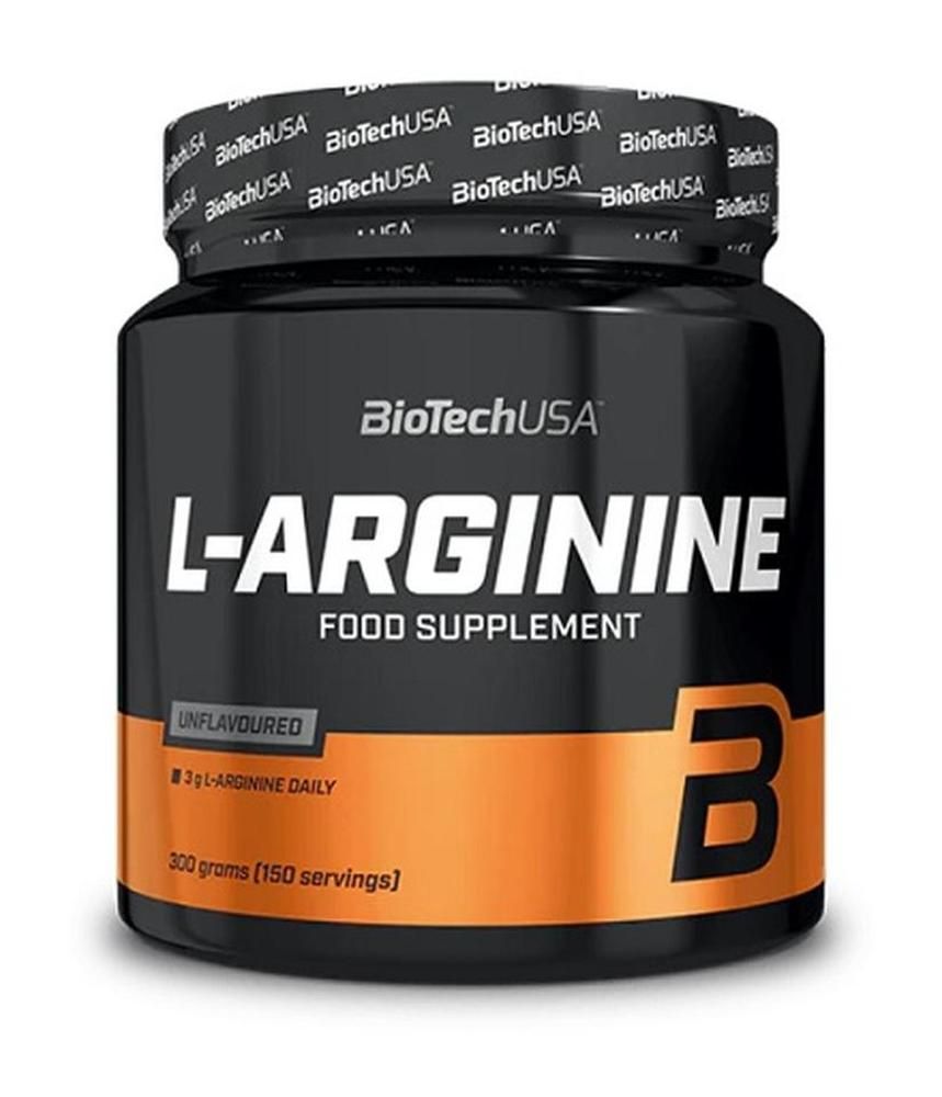 Schwarzes Nahrungsergänzungsmittel-Behälter mit weißer Aufschrift L-Arginin. Orangefarbener Streifen mit B-Logo. Marke: BioTechUSA.