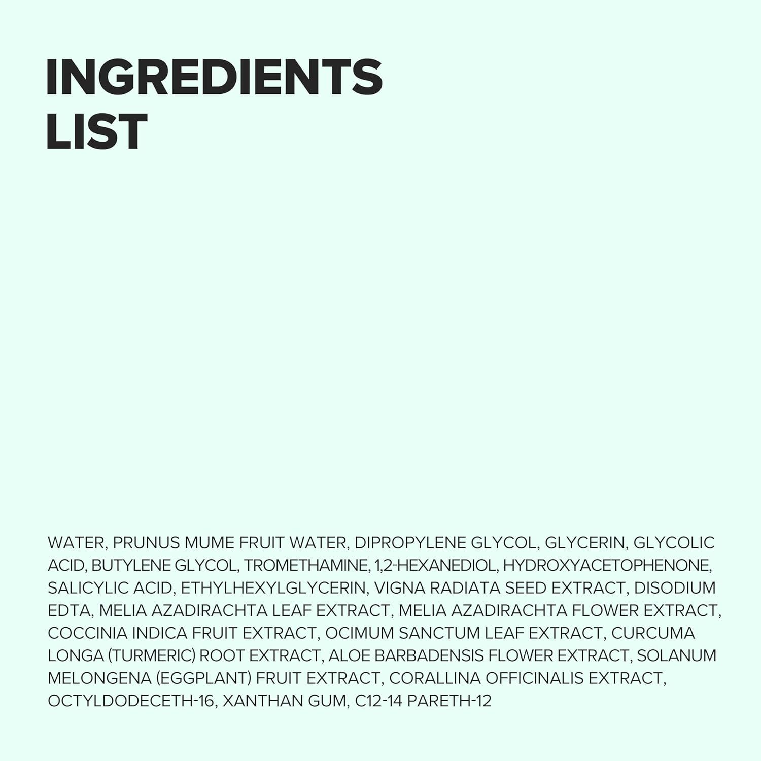 Text: INHALTSSTOFFE LISTE. Auflistung von Inhaltsstoffen in kleiner Schrift auf hellem Hintergrund.