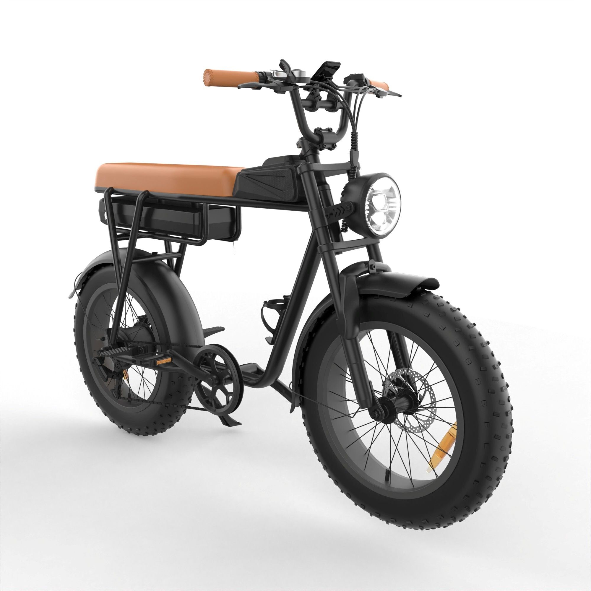 Schwarzes E-Bike mit braunem Sattel. Frontansicht, breite Reifen. YAMALI FXH-006.