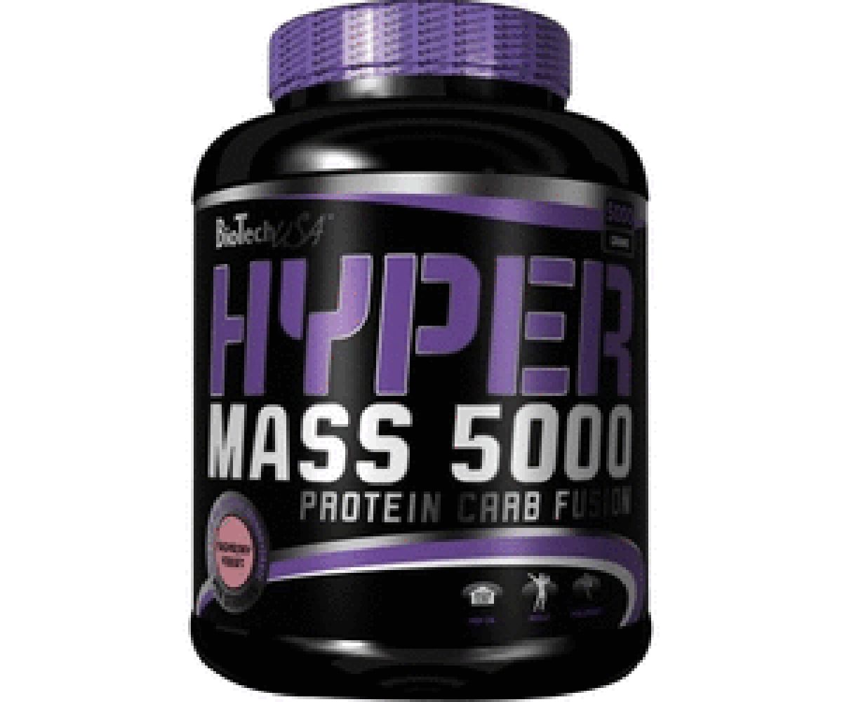 Schwarze Dose mit lila Akzenten. Aufschrift: Hyper Mass 5000, Protein Carb Fusion. Marke: BioTechUSA. Geschmack: Himbeere.