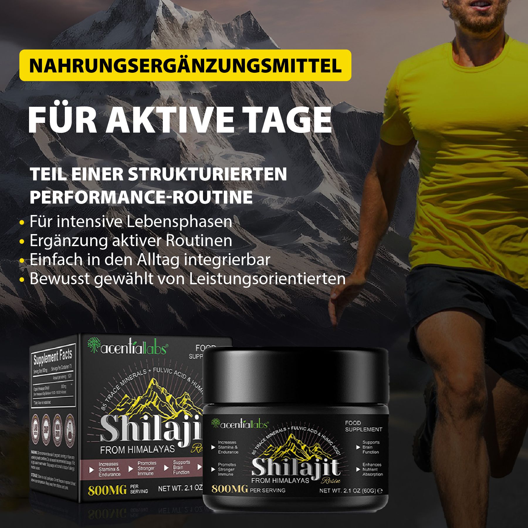 Mann joggt. Dose Shilajit und Schachtel. Text: Nahrungsergänzungsmittel. Für aktive Tage. acentialabs.