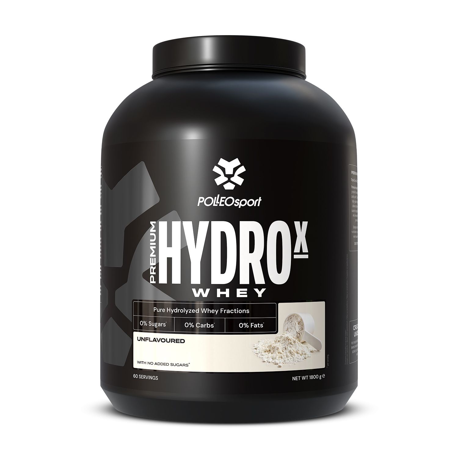 Schwarze Dose "HYDROX Whey" mit weißem Pulver. 0% Zucker, 0% Kohlenhydrate, 0% Fett. Marke PolleoSport. Unflavored.