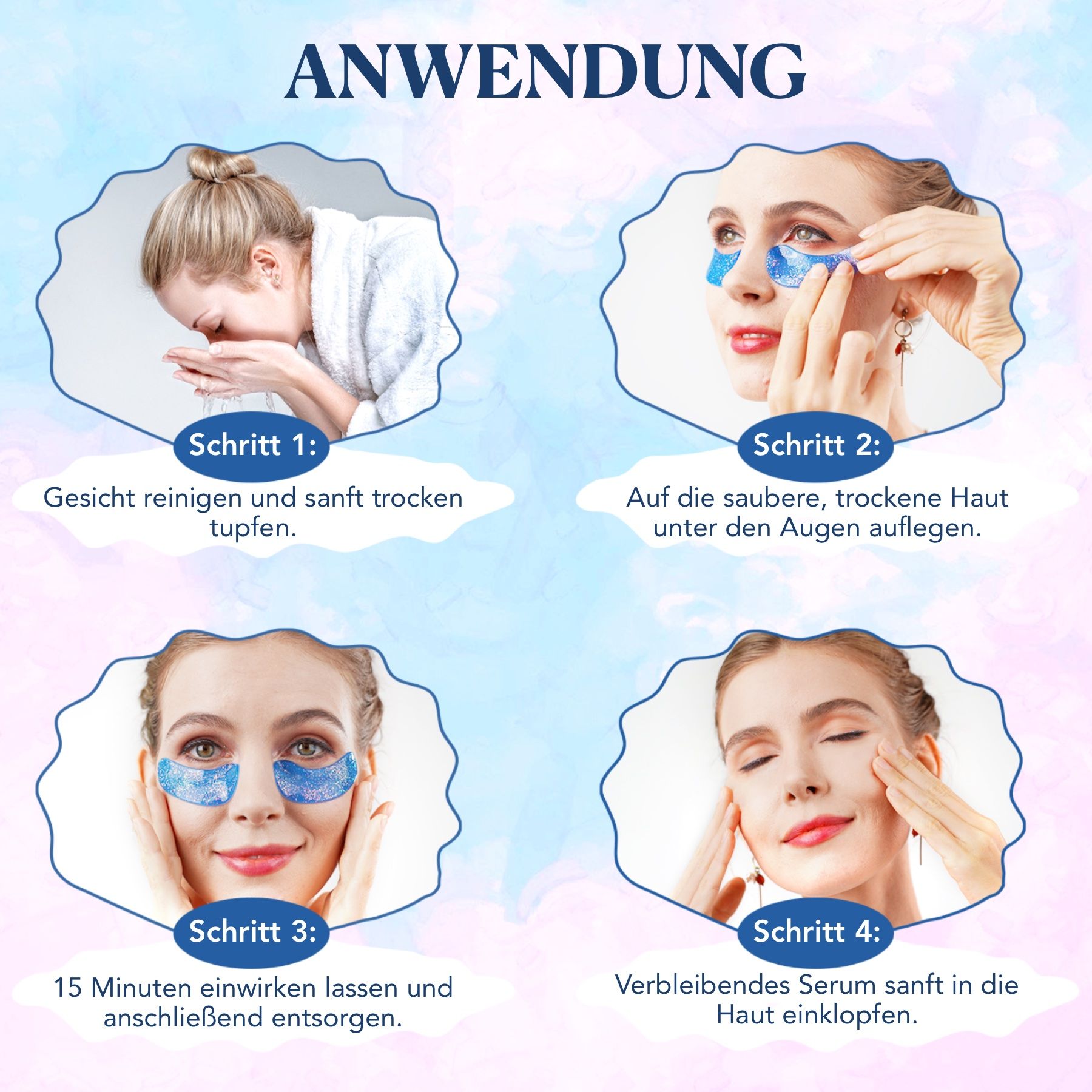 Anwendungsschritte: Gesicht reinigen, Augenpads auftragen, 15 Minuten einwirken lassen, Serum einklopfen.