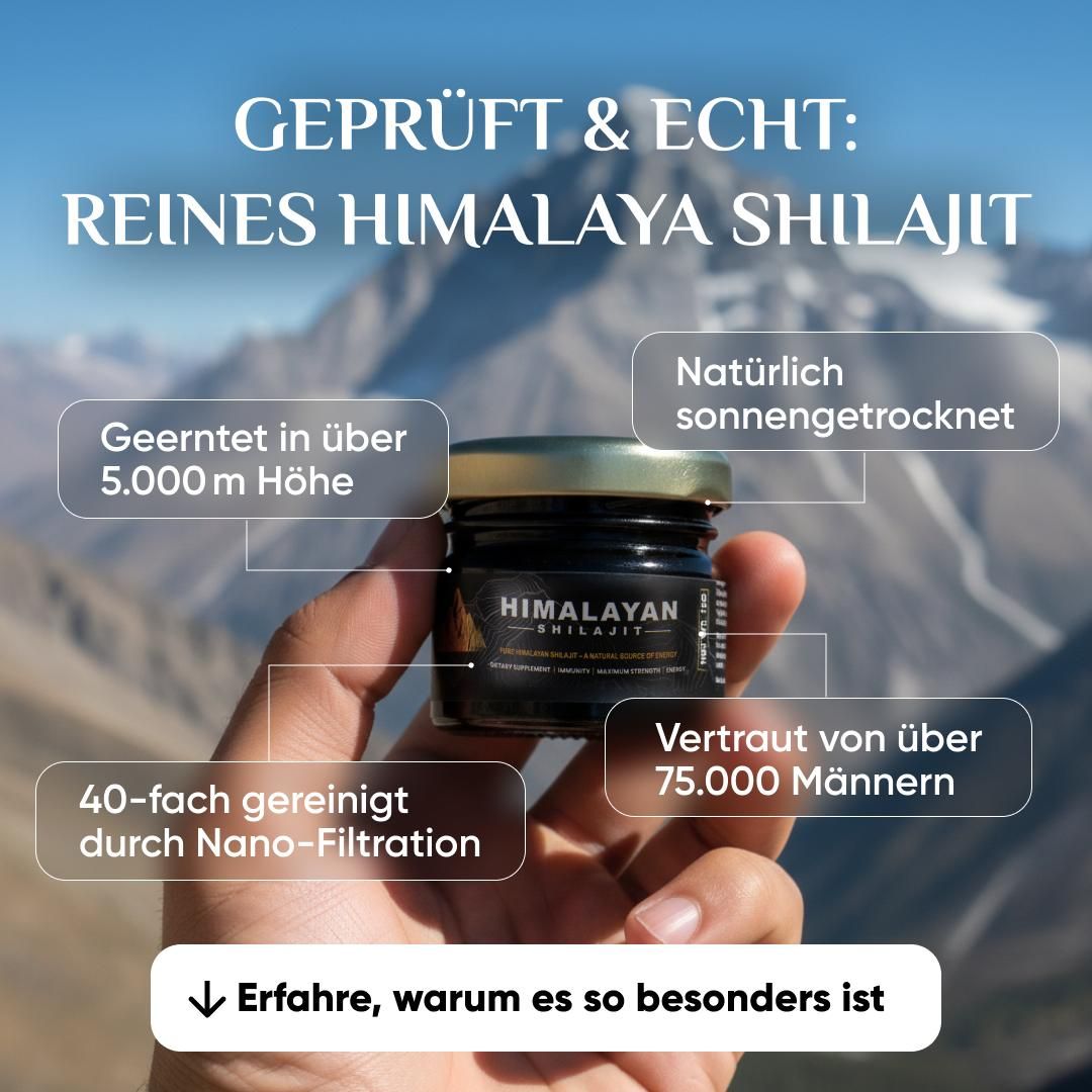 Hand hält Glasbehälter mit "Himalayan Shilajit". Text: Geprüft & Echt: Reines Himalaya Shilajit.