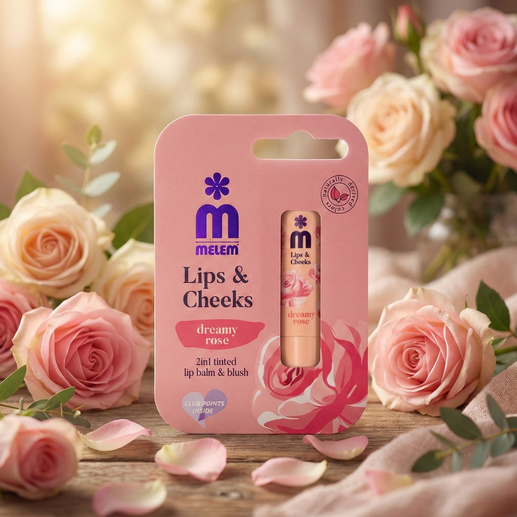 Rosa Verpackung mit Lippenbalsam. Produktname und Logo. Rosen und Blütenblätter im Hintergrund. 2in1 getönter Lippenbalsam & Rouge.