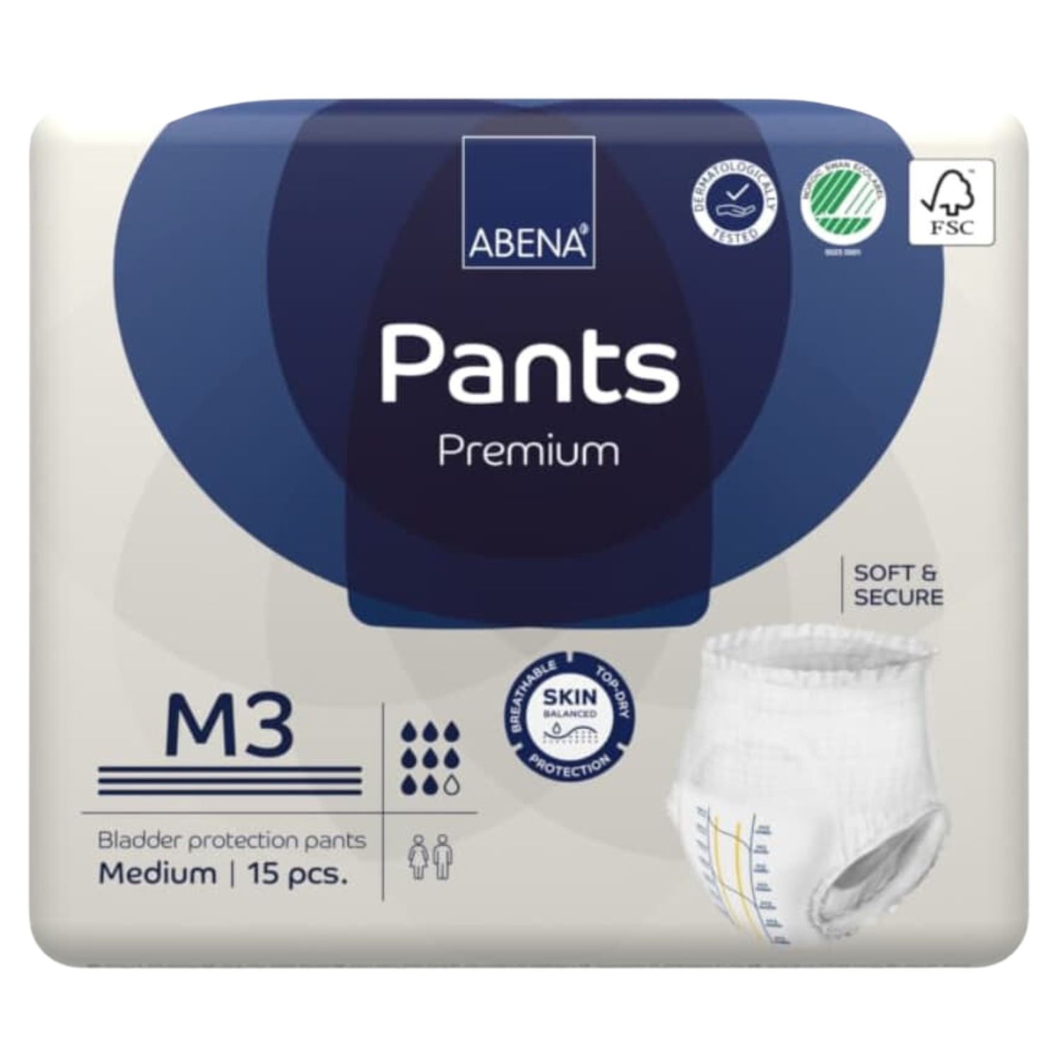 Abena Pants Premium M3-Packung. Blaue und weiße Verpackung mit Produktname, Größe, Anzahl und Zertifizierungen. Abgebildet ist eine Pants.