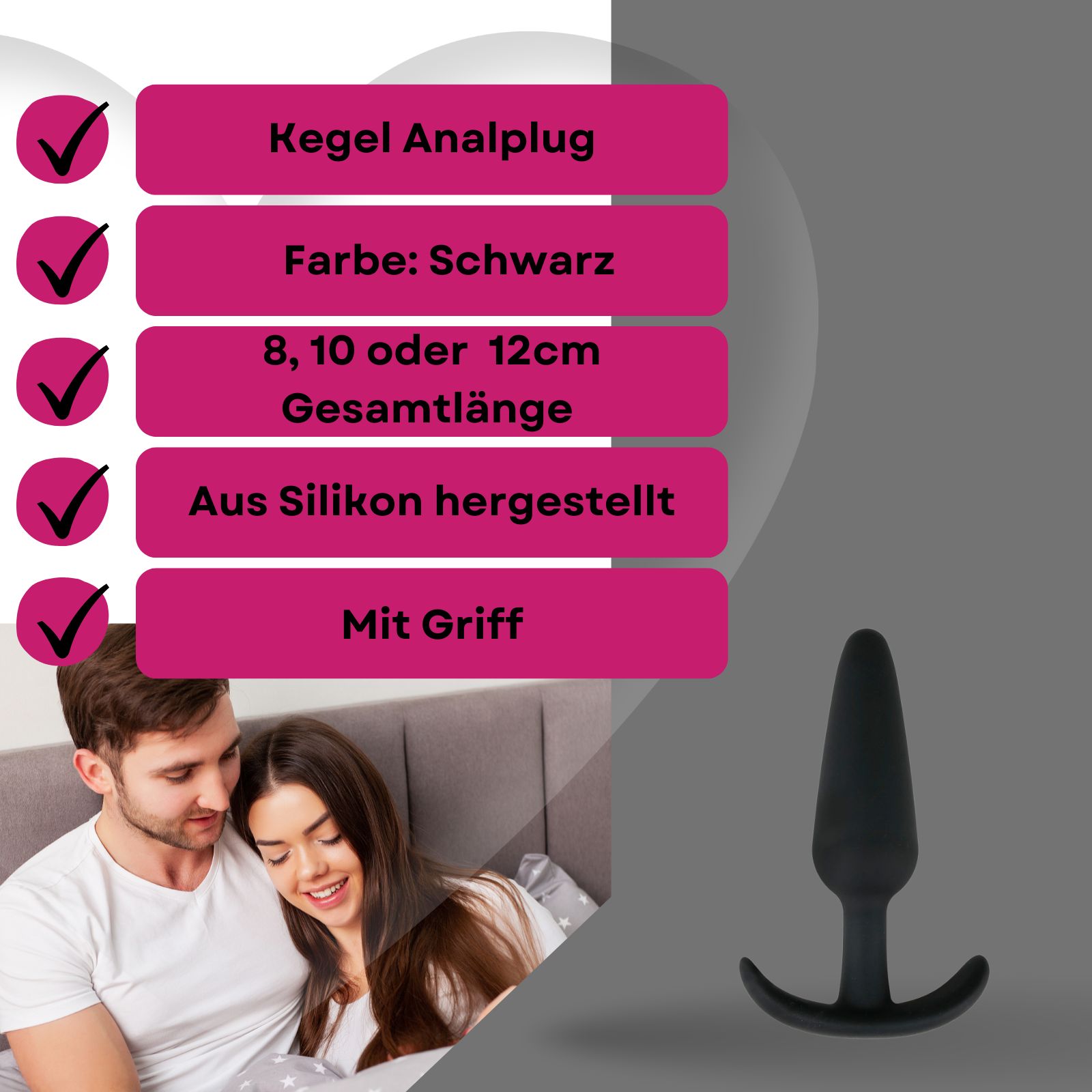 Produktinformationen: Kegel Analplug, Farbe Schwarz, 8-12cm, Silikon, mit Griff.