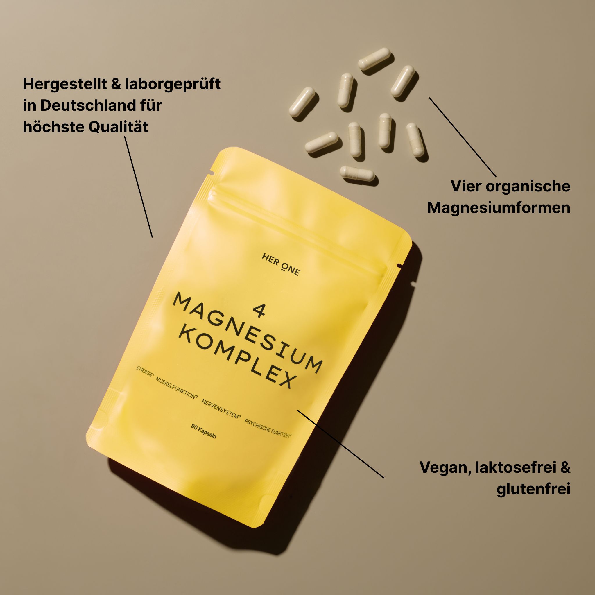 Gelbe Verpackung HER ONE 4 MAGNESIUM KOMPLEX. Daneben Kapseln. Text: Vegan, laktosefrei & glutenfrei. Hergestellt in Deutschland.
