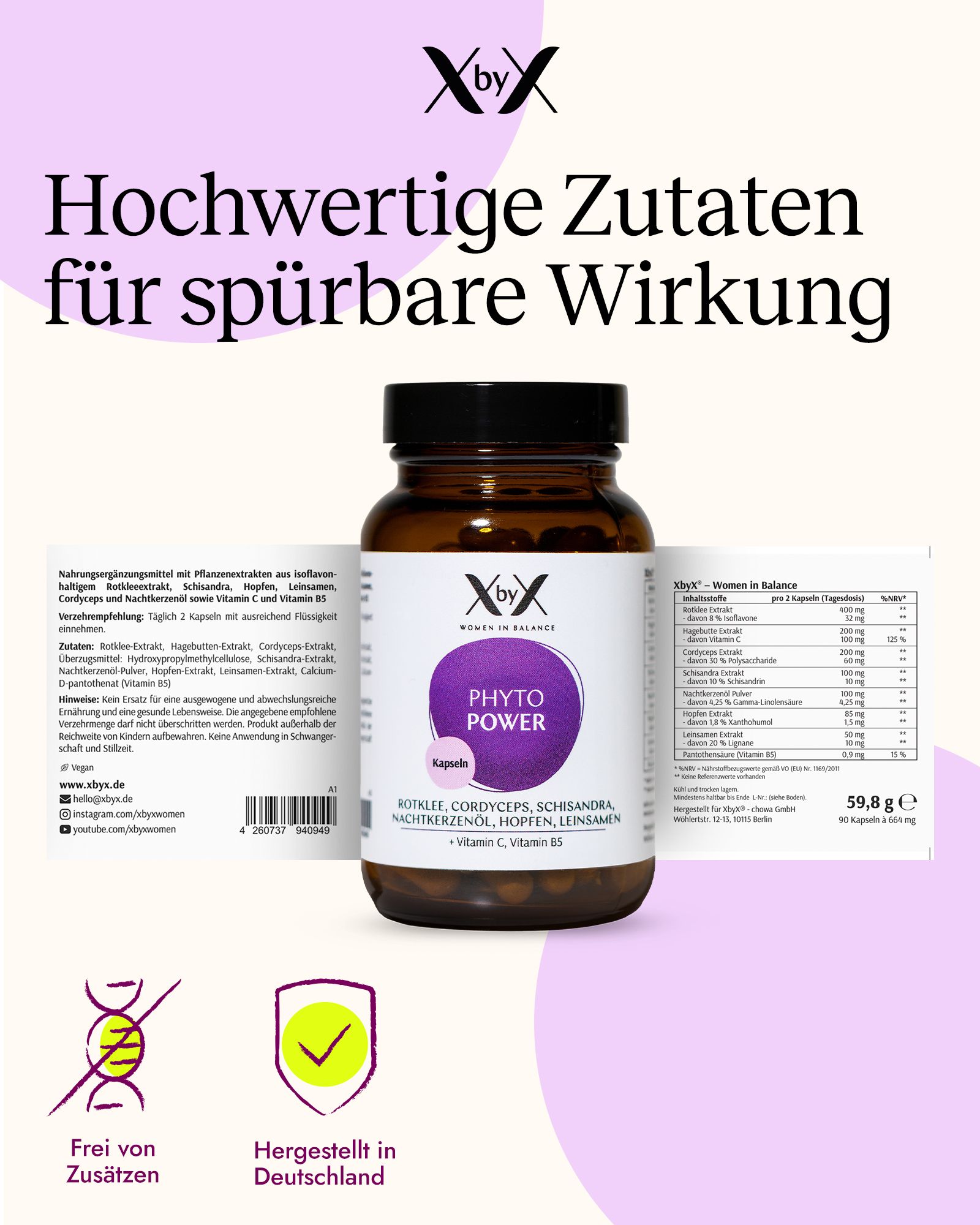 XbyX Phyto Power Kapsel-Flasche mit geöffneten Seitenansichten des Etiketts und der Nährwertangaben.
