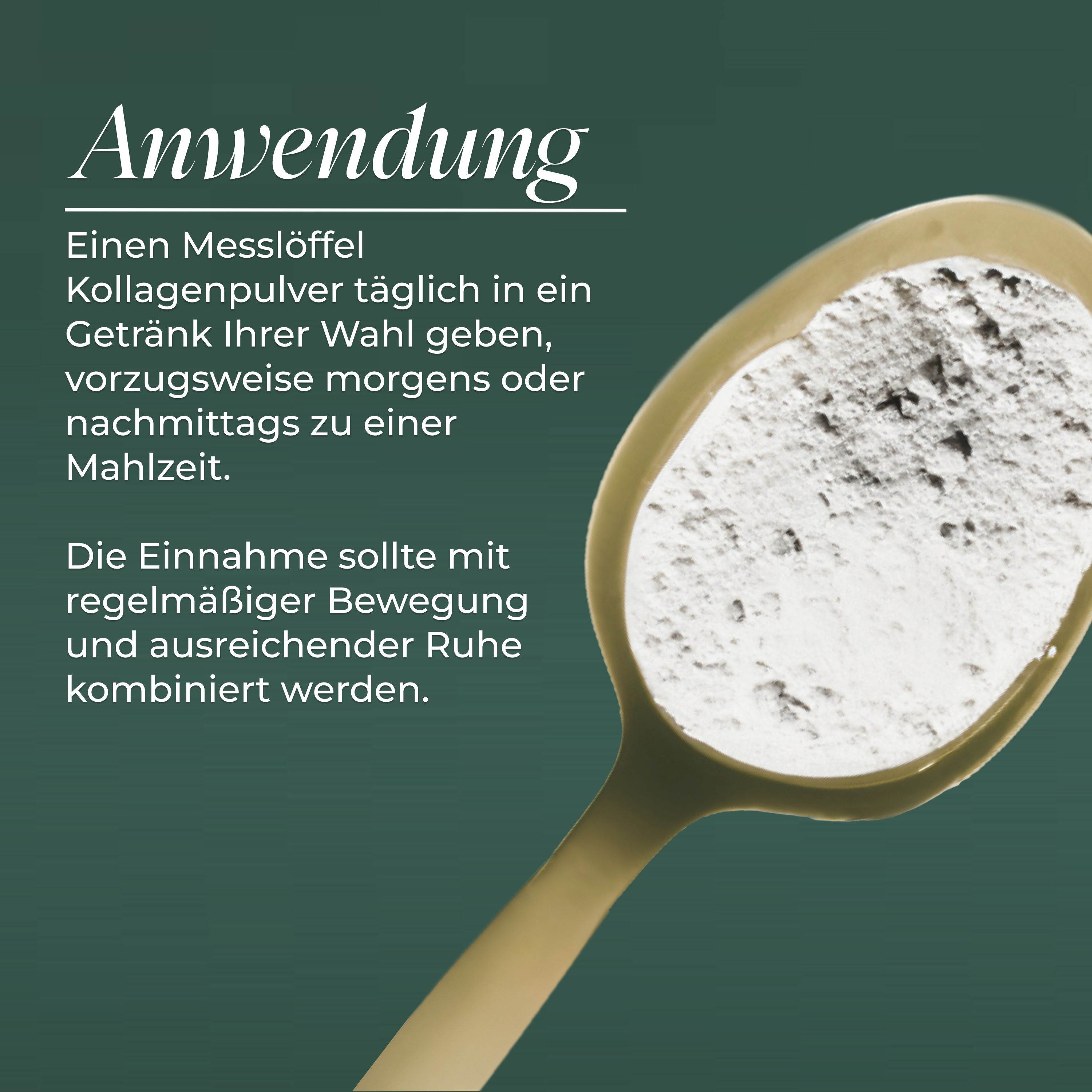 Goldener Messlöffel mit Collagen Pulver. Text: Anwendung. Empfehlung zur Einnahme.