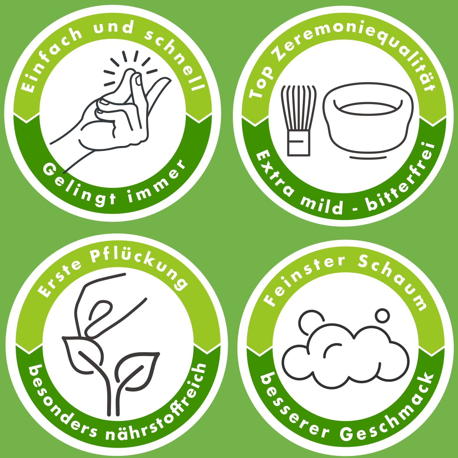 Vier runde grüne Logos mit Symbolen und Texten: Einfach und schnell, Top Zeremoniequalität, Erste Pflückung, Feinster Schaum.