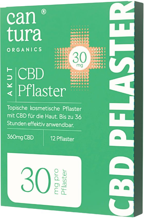 Grüne Verpackung mit Produktinformationen. Aufschrift: AKUT CBD Pflaster, 30 mg. Enthält 12 Pflaster. Topische kosmetische Pflaster mit CBD.