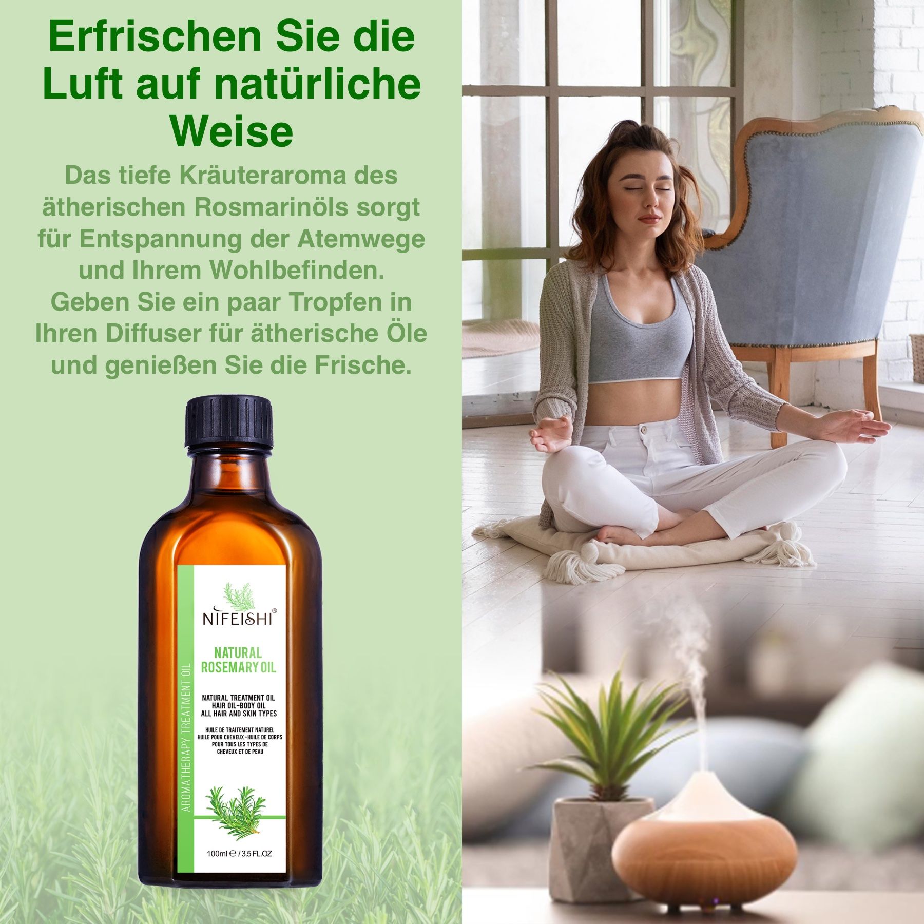 Flasche mit Öl. Text: Erfrischen Sie die Luft auf natürliche Weise.