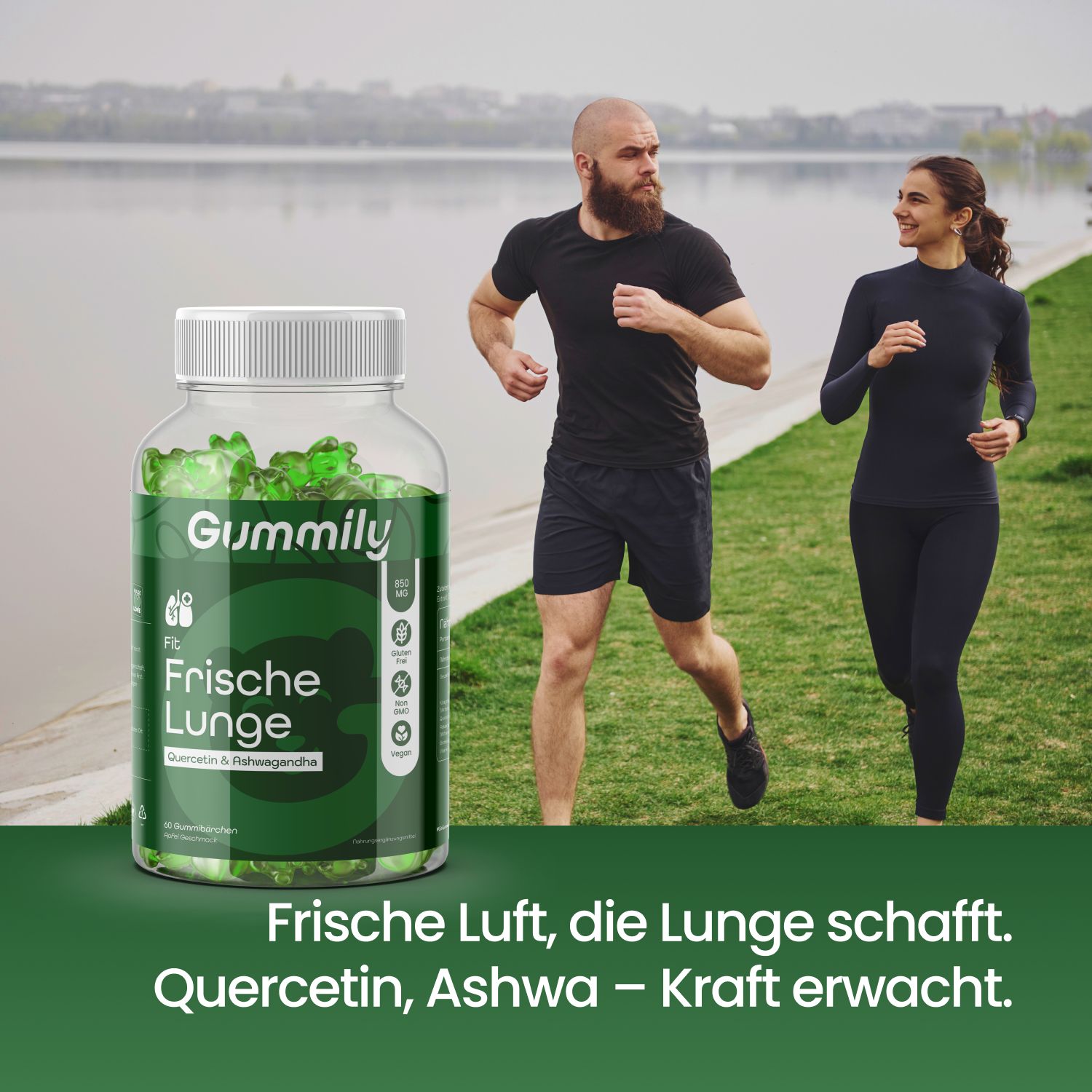 Produktflasche neben Läufern. Text: "Frische Luft, die Lunge schafft." und "Quercetin, Ashwa – Kraft erwacht."