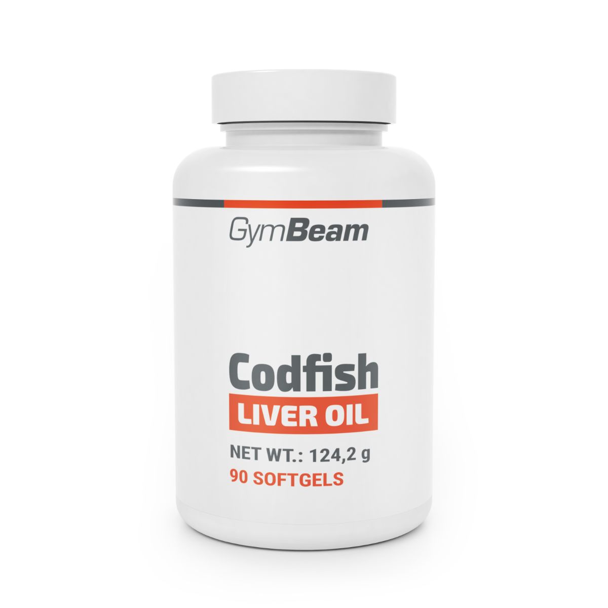 GymBeam Kabeljau-Leberöl Kapseln: Weißer Behälter mit rotem Etikett, 90 Softgels.