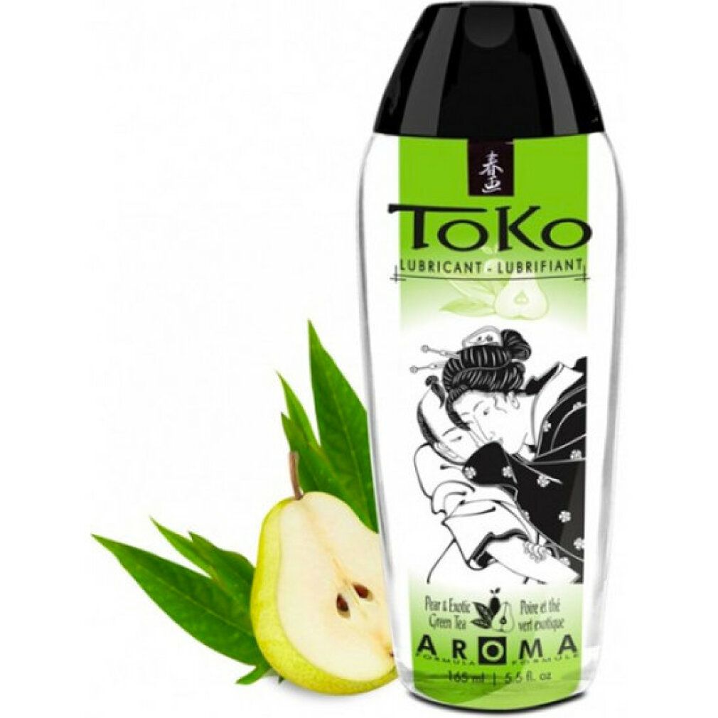 Toko Aroma Gleitmittel mit Birne & exotischem Grüntee. Transparente Flasche mit schwarzem Verschluss.