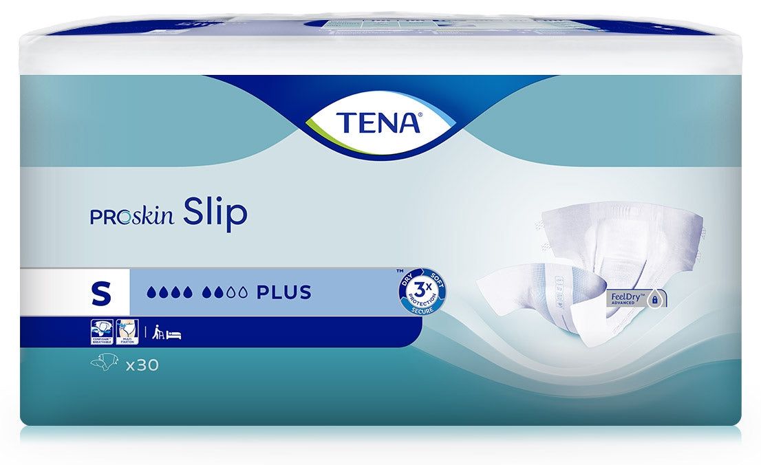 Verpackung TENA ProSkin Slip, Größe S, mit 30 Stück. Produktname und Logo deutlich sichtbar. Blaue und weiße Farbgebung.