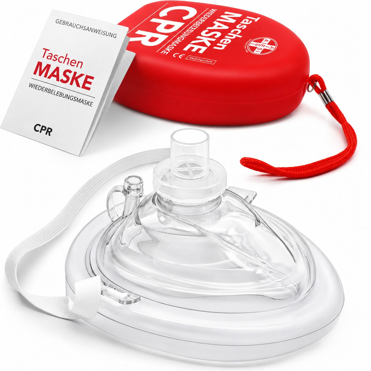 CPR-Maske, Gebrauchsanweisung und rote Aufbewahrungsbox mit Schnur.