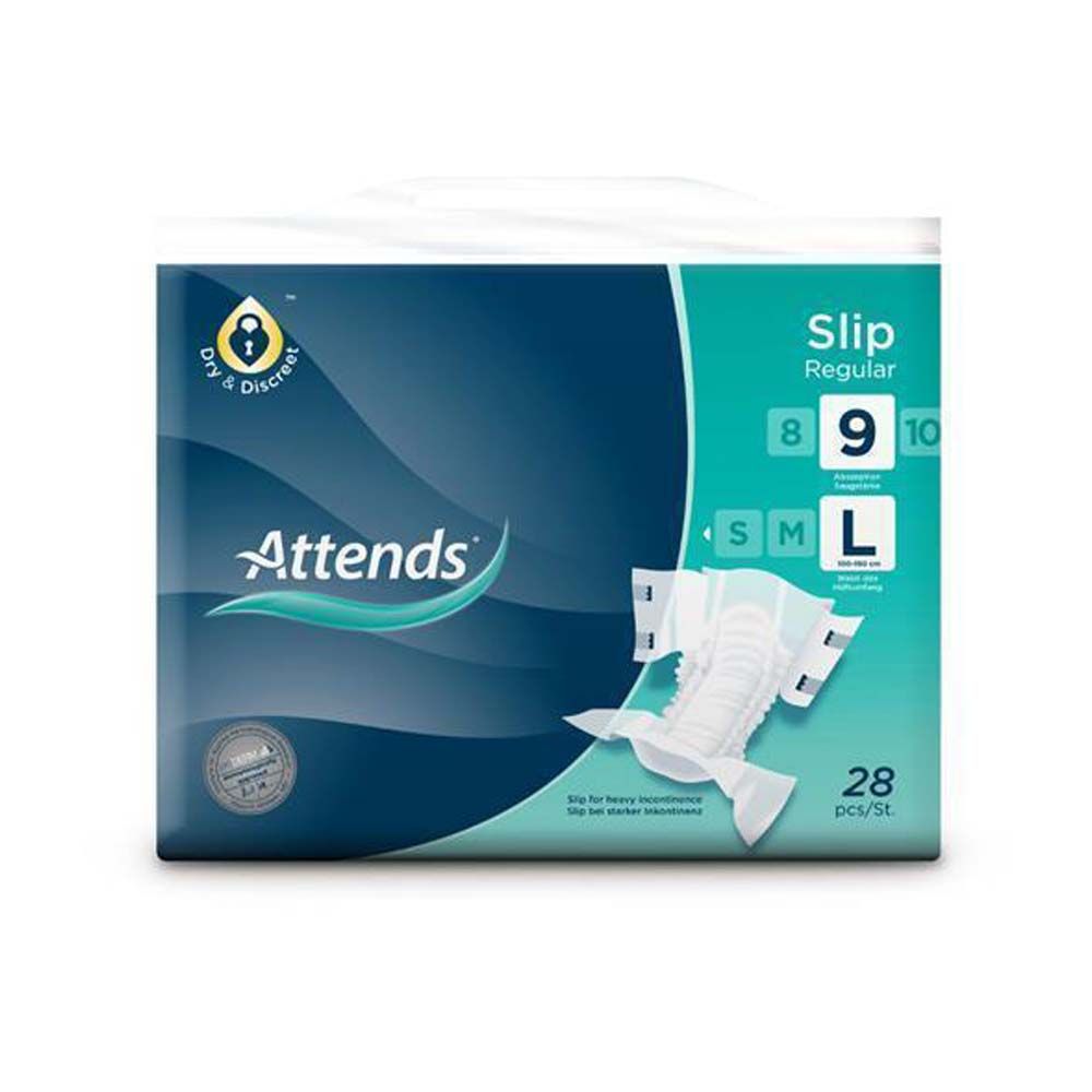 Verpackung Attends Slip Regular 9 L. Blaue Verpackung mit Produktabbildung. Größe L, 28 Stück.