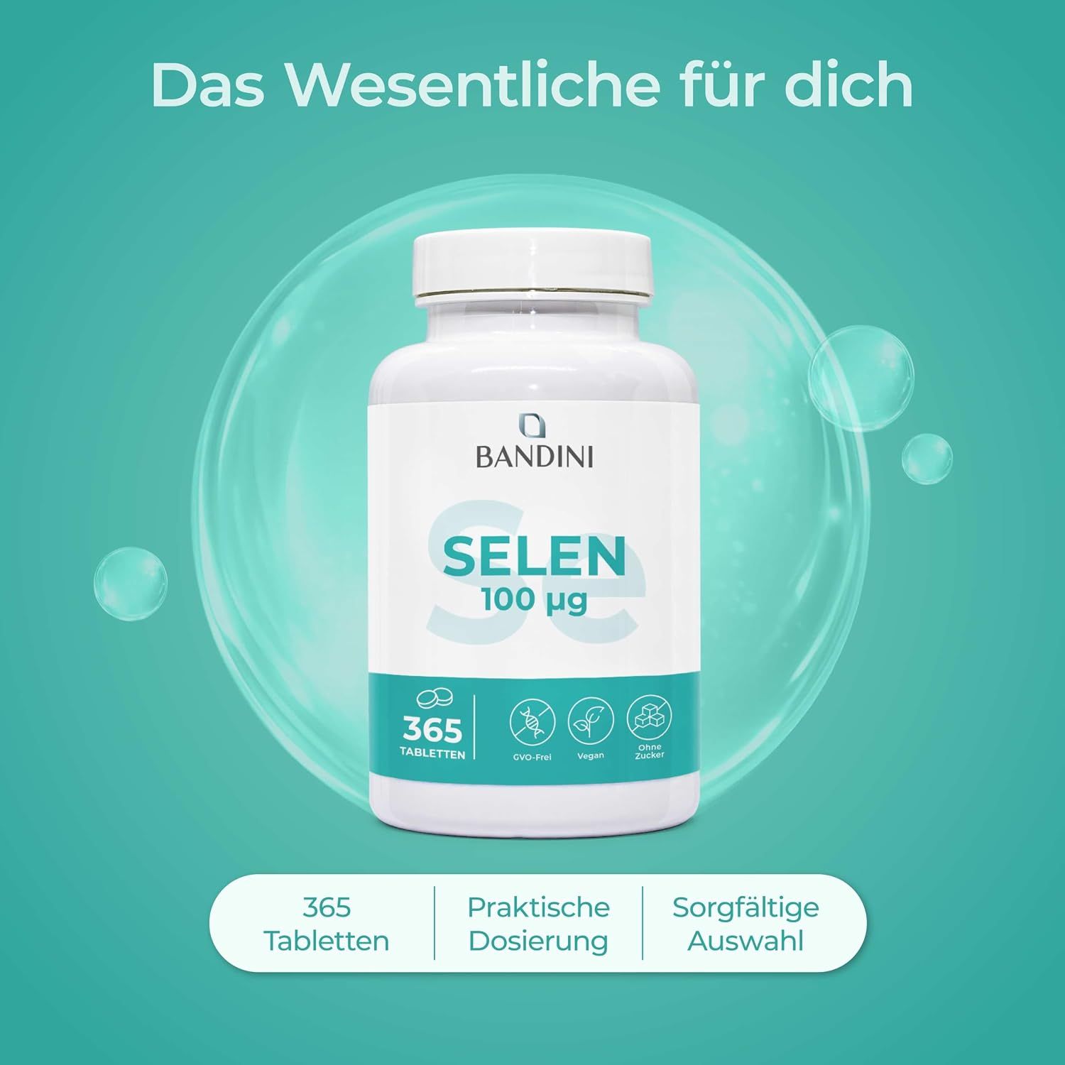 Weiße Dose "BANDINI SELEN 100 μg" in Blase. "365 Tabletten, Praktische Dosierung, Sorgfältige Auswahl".