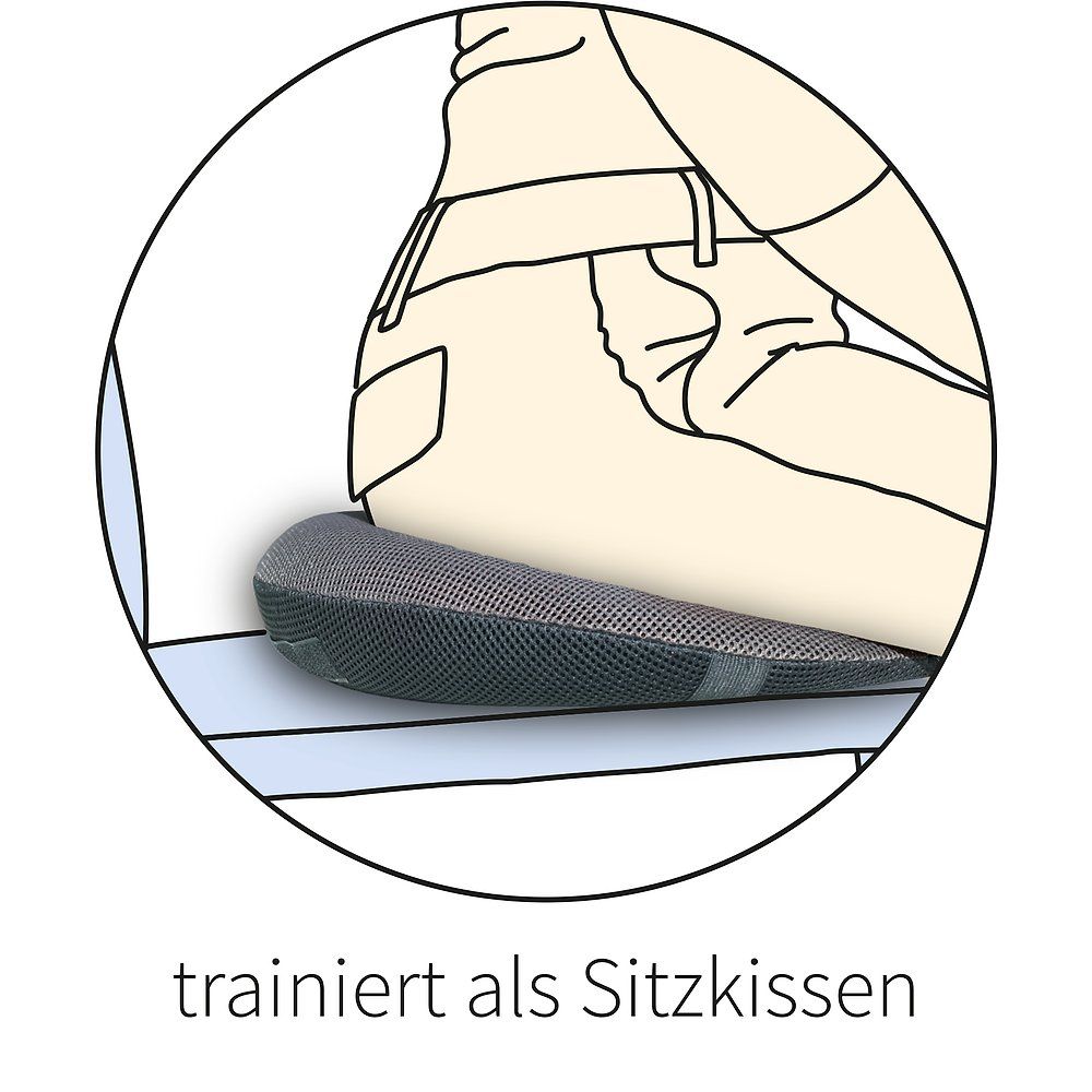 Illustration: Graues Kissen wird als Sitzkissen verwendet, das den unteren Rücken trainiert.