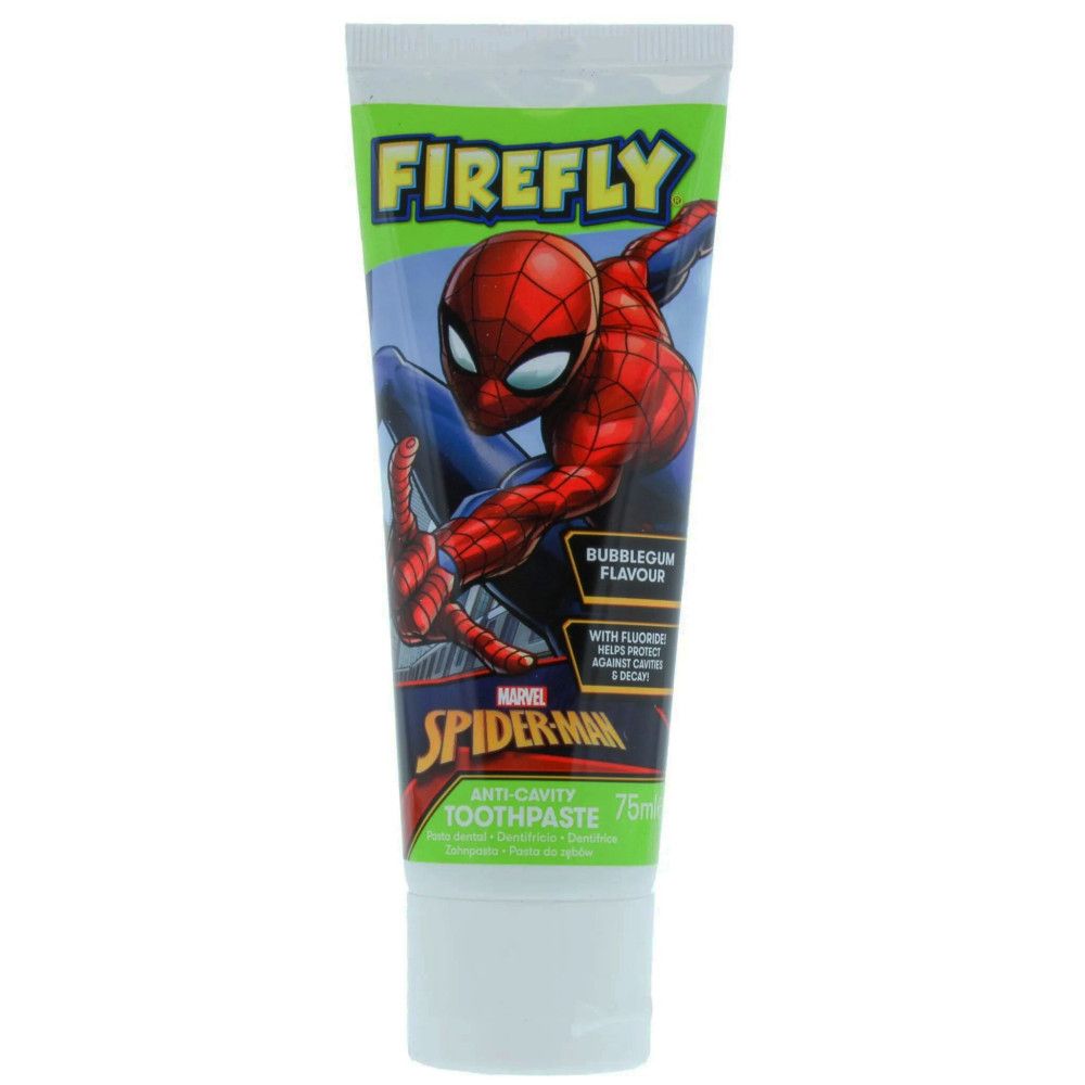 Zahnpasta-Tube mit Spiderman-Motiv und "Firefly"-Logo. Enthält Fluorid. Bubblegum-Geschmack. 75 ml.