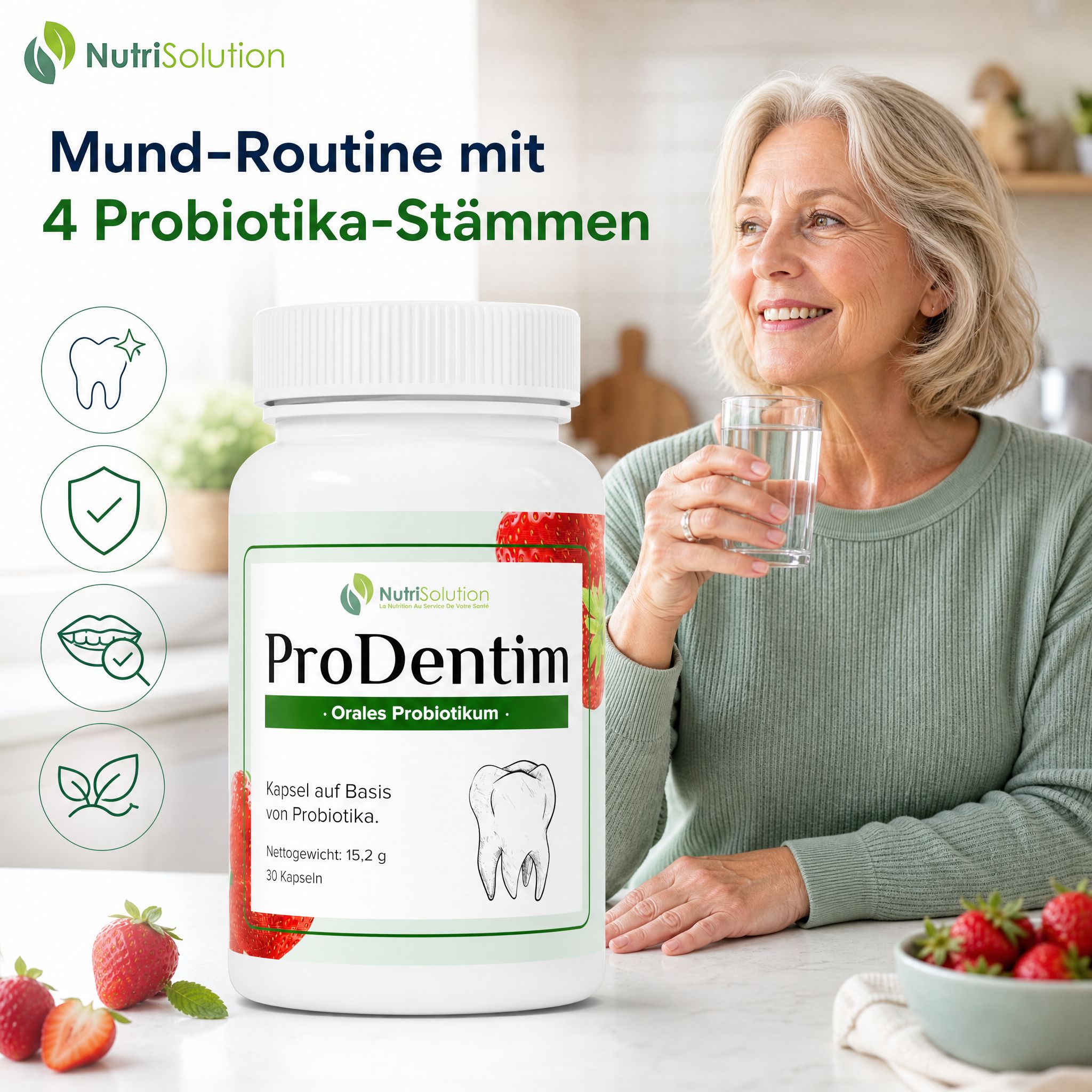 NutriSolution ProDentim Dose mit Frau und Icons für Mundgesundheit. Enthält 30 Kapseln.
