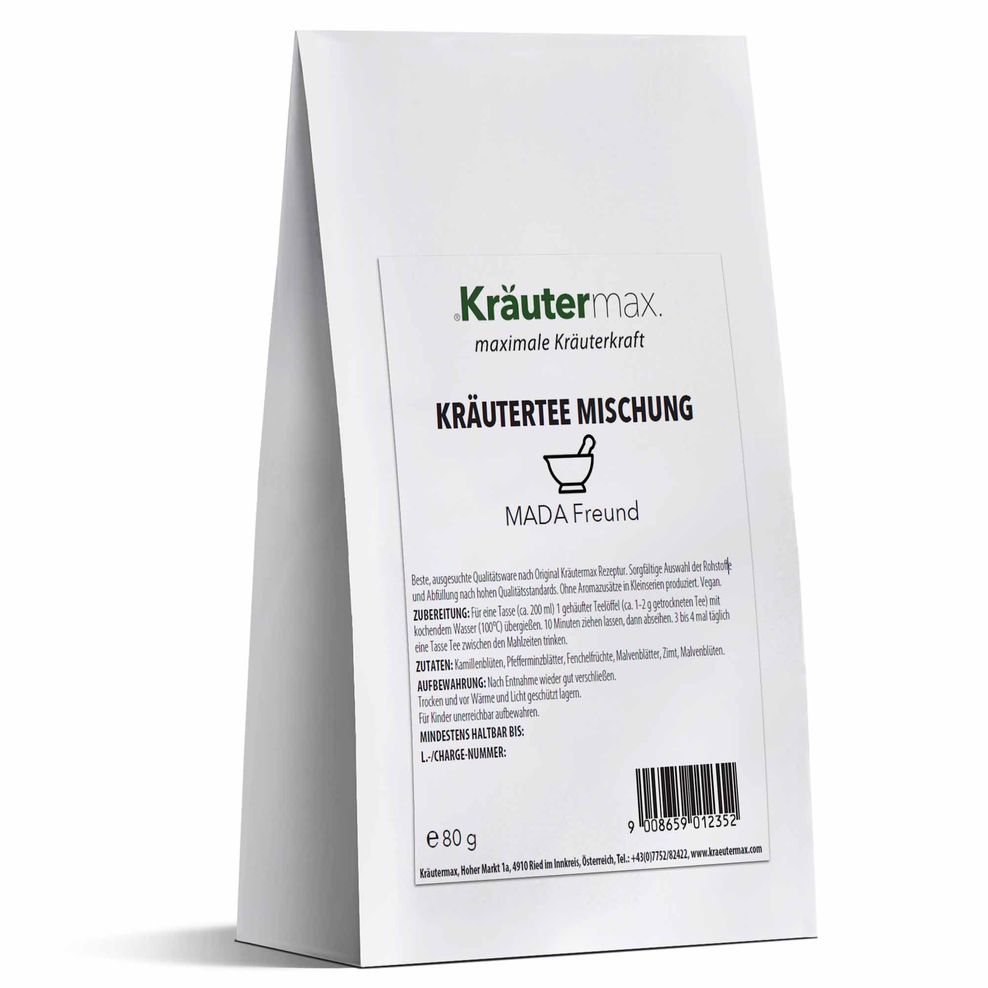 Kräutermax Kräuterteemischung in weißer Verpackung. Premium Qualität Siegel. Text: MADA Freund.