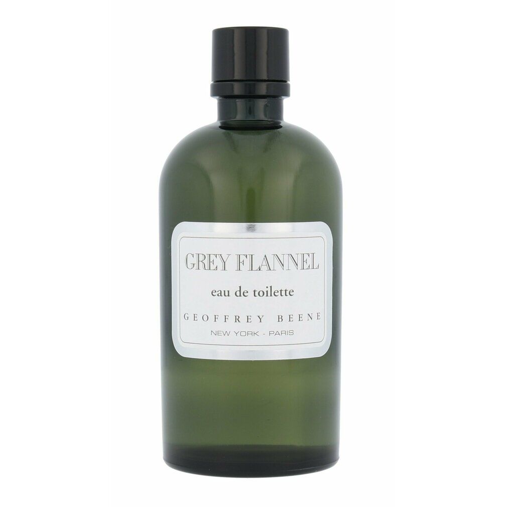 Grauer Flakon mit Etikett "Grey Flannel eau de toilette" und Logo "Geoffrey Beene".