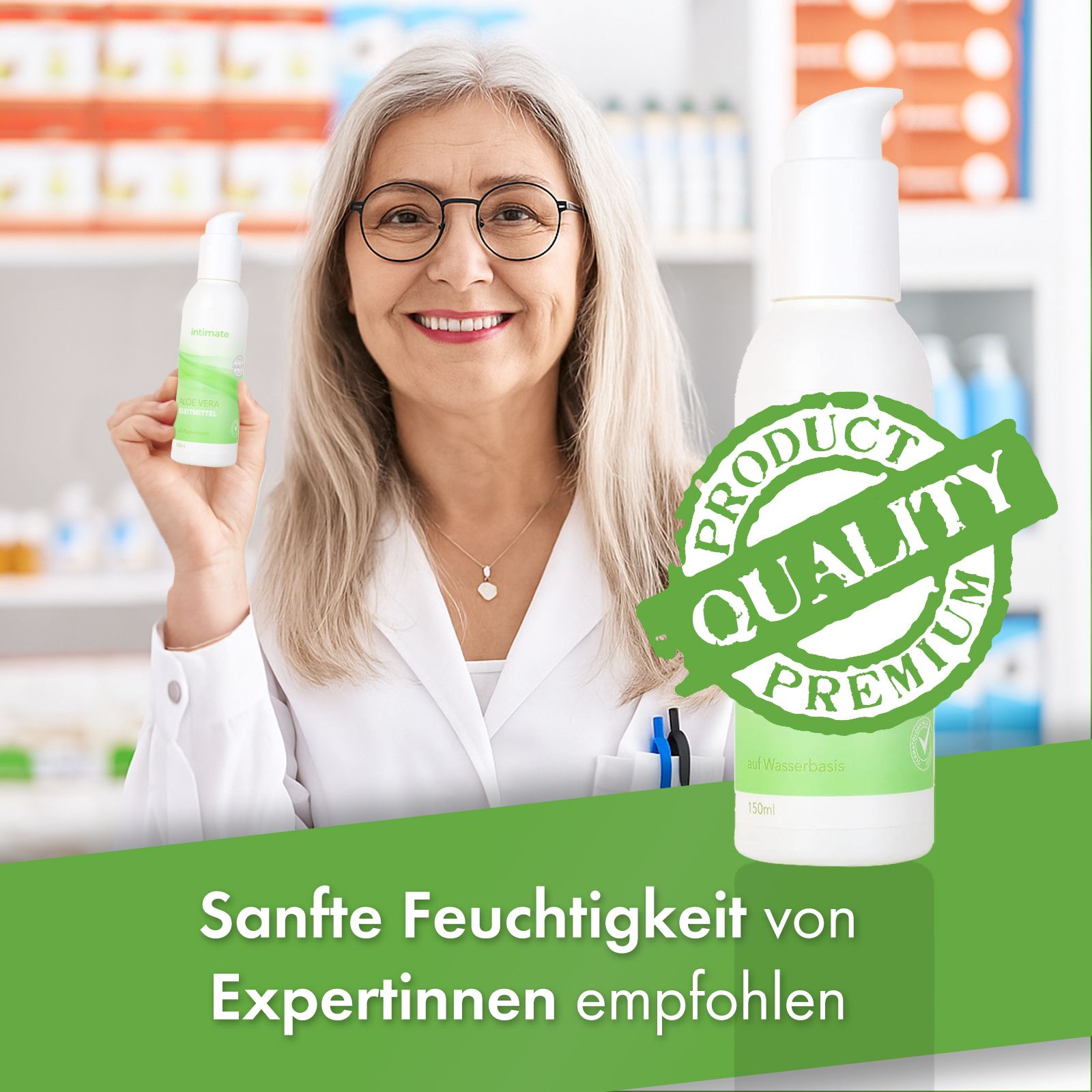 Frau hält eine Flasche. Aufdruck: Produktqualität Premium. Text: Sanfte Feuchtigkeit von Expertinnen empfohlen.