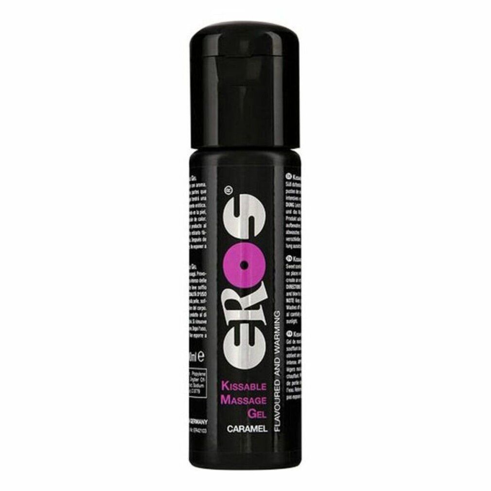 Schwarze Flasche mit schwarzem Deckel. Aufschrift "Eros Kissable Massage Gel Caramel".