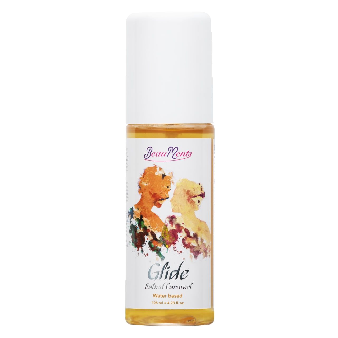 Zylinderförmige Flasche mit weißem Deckel. Aufschrift: BeauMents, Glide, Salted Caramel. Wasserbasiert. Abbildung von zwei Personen.