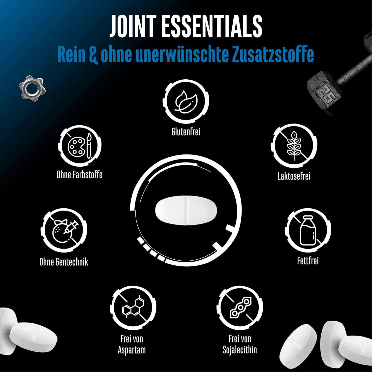 Joint Essentials: Rein & ohne unerwünschte Zusatzstoffe. Glutenfrei, ohne Farbstoffe, laktosefrei, ohne Gentechnik, fettfrei.