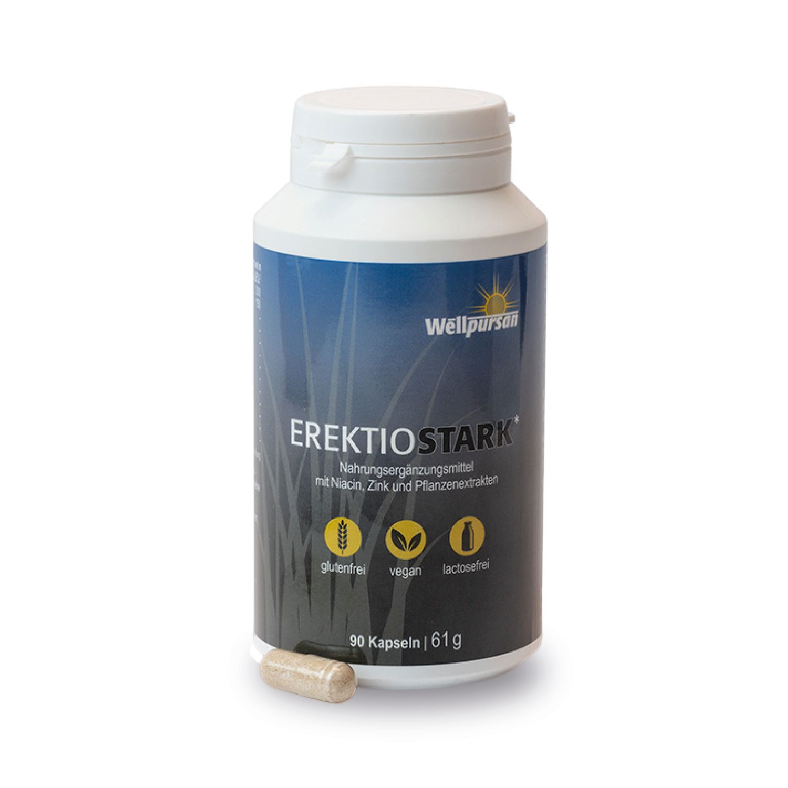 Weiße Flasche mit blauer Aufschrift Erektio Stark. 90 Kapseln, 61g. Glutenfrei, vegan, laktosefrei.