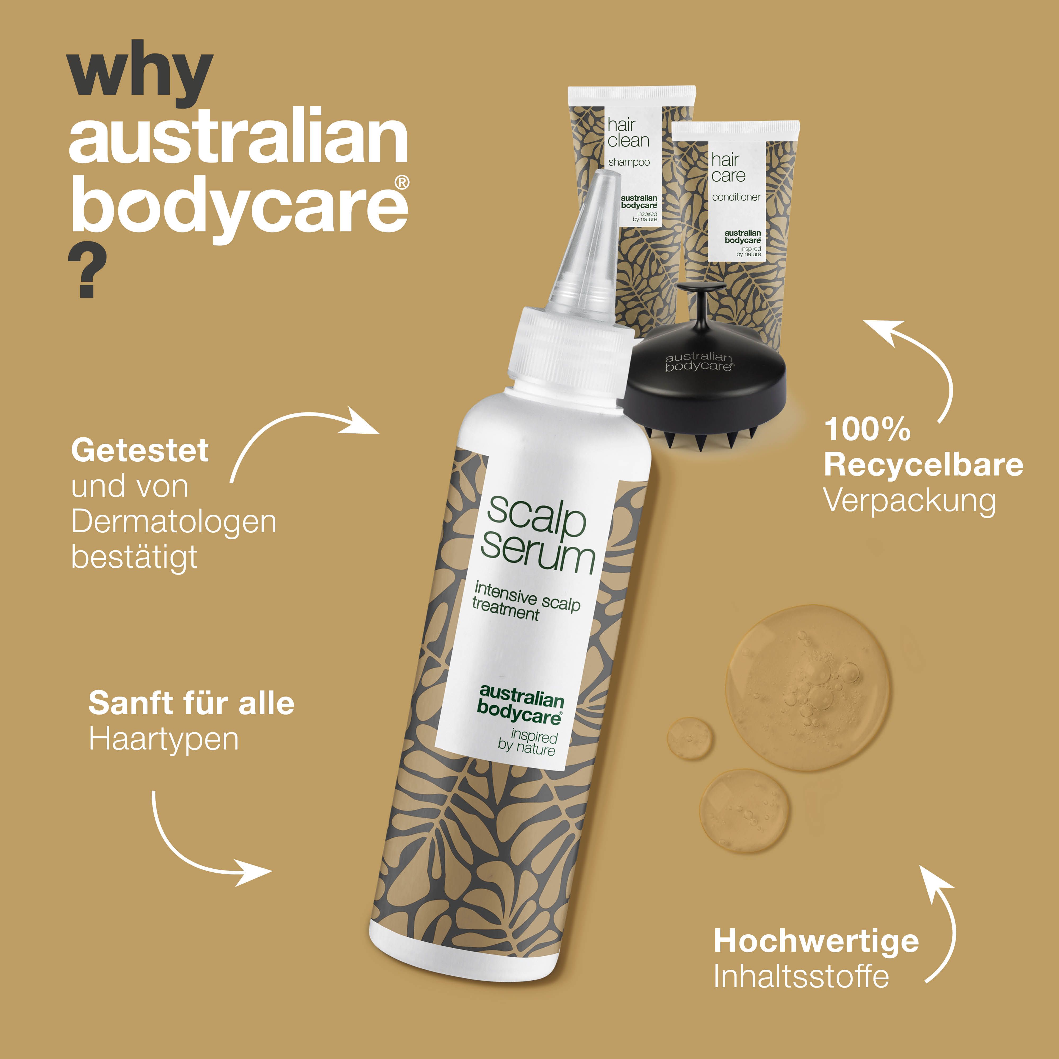 Serum, Shampoo, Conditioner und Kopfhautbürste. Text: Warum Australian Bodycare? Produktvorteile.