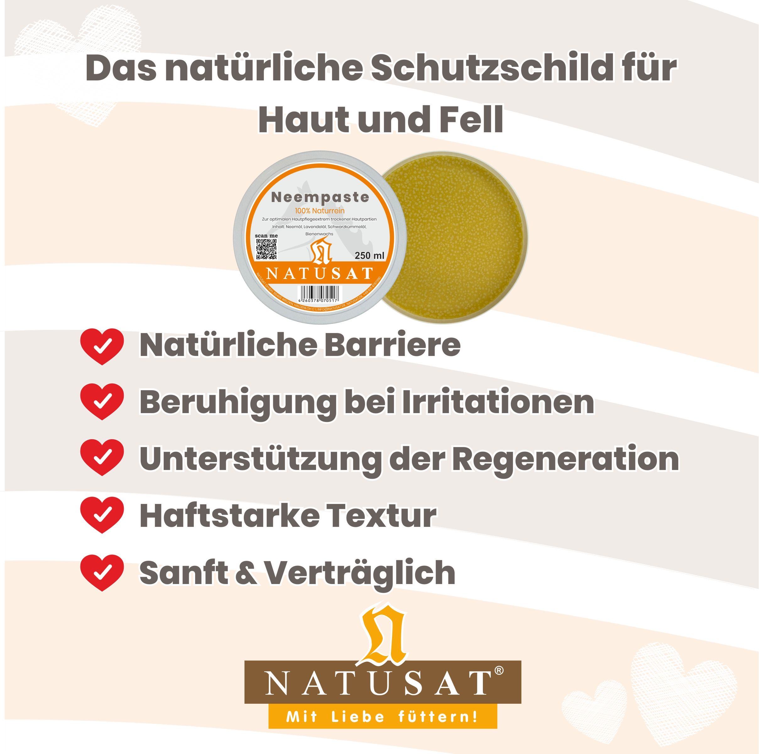 Natusat Neempaste: Natürliche Barriere, beruhigt, regeneriert, haftstark, sanft.