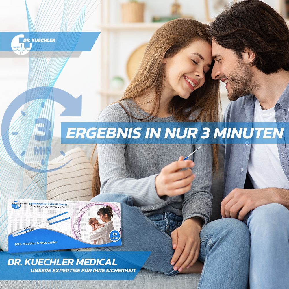 Glückliches Paar hält Schwangerschaftstest. "Ergebnis in nur 3 Minuten".