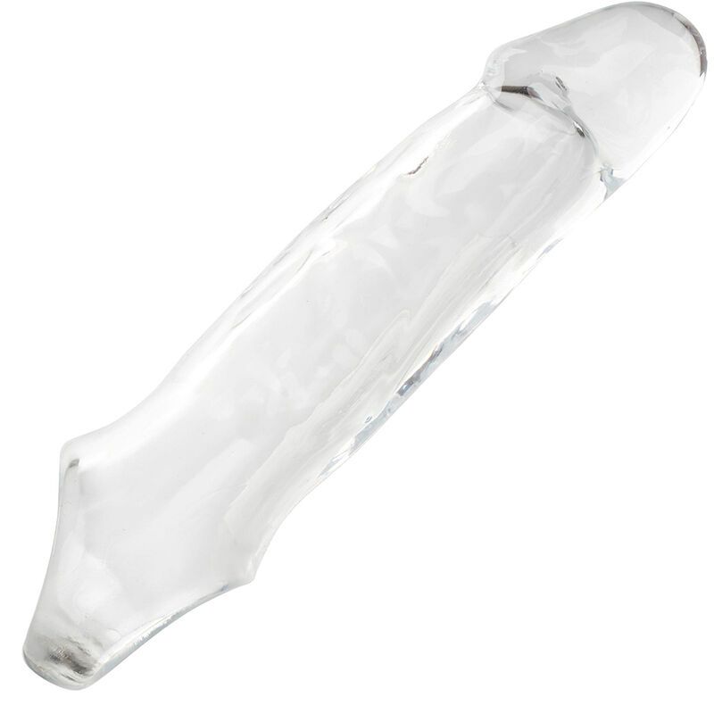 Transparente Penisverlängerung, leicht gebogen, mit abgerundeter Spitze.