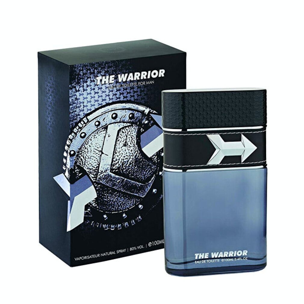Flakon und Verpackung. Flakon mit silbernem Pfeil-Design. Schwarze Verpackung mit silbernem Design. Text: THE WARRIOR, Eau de Toilette.