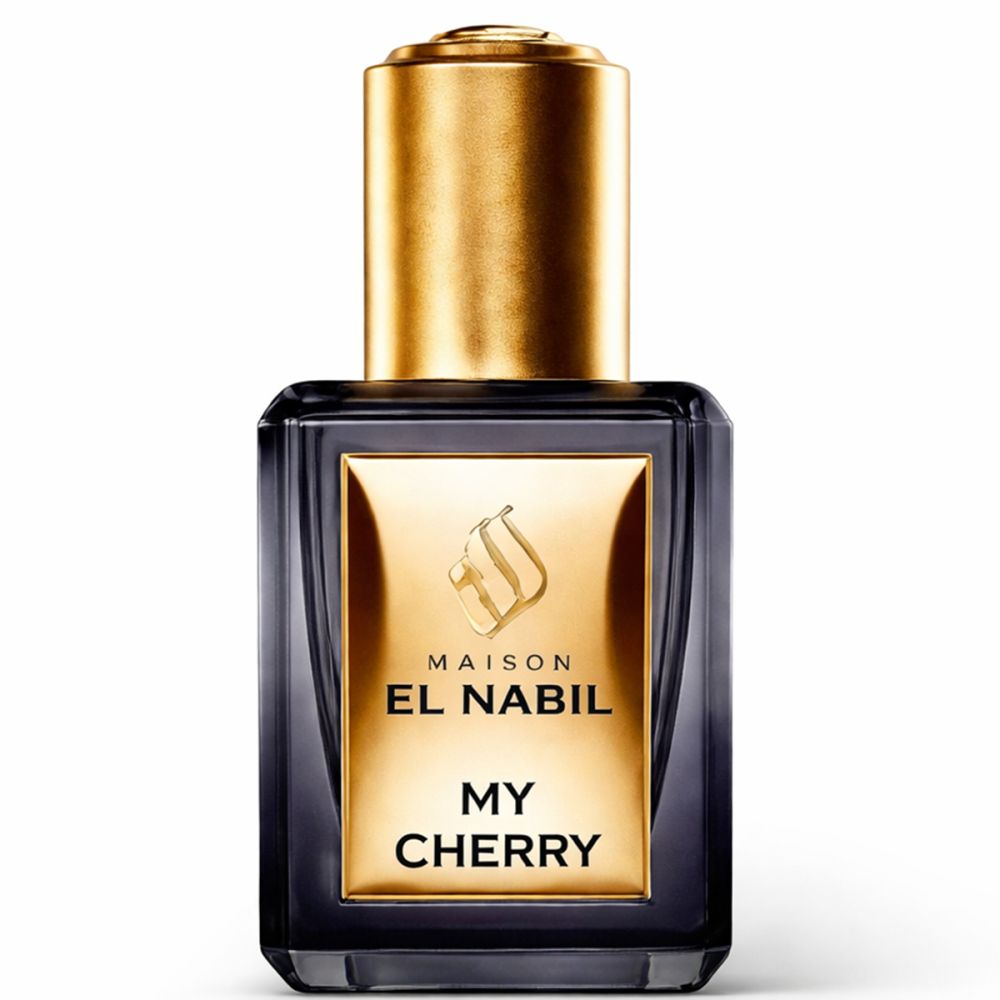 Dunkle Parfumflasche mit goldfarbenem Verschluss und Etikett. Aufschrift: El Nabil, My Cherry.